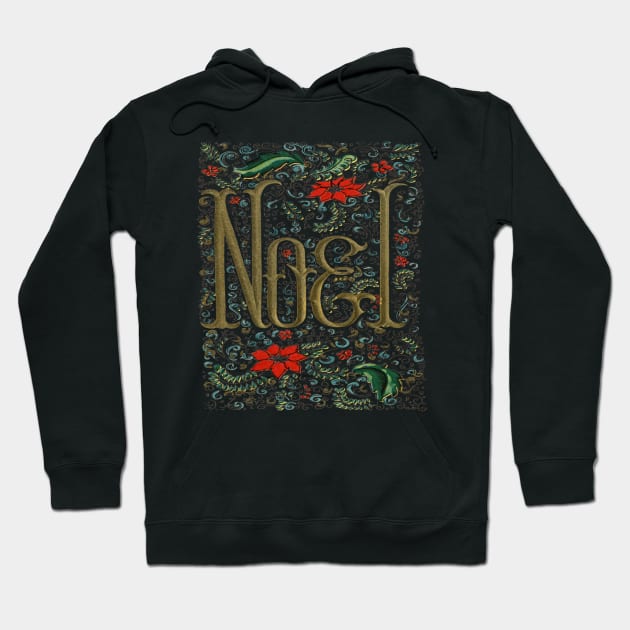 1980s Retro Floral typography Bohemian Christmas Joyeux Noel Hoodie by Tina